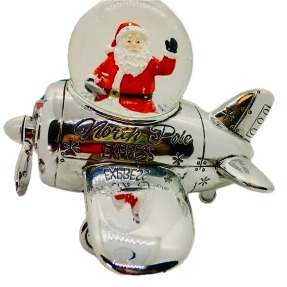 Santa Flying a Vintage Airplane Snow Globe, Waving from Cockpit, Propeller Spins - Picture 8 of 11